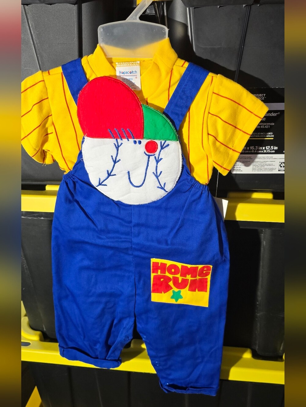 90s Hopscotch Home Run Blue Overalls with Yellow Striped Shirt